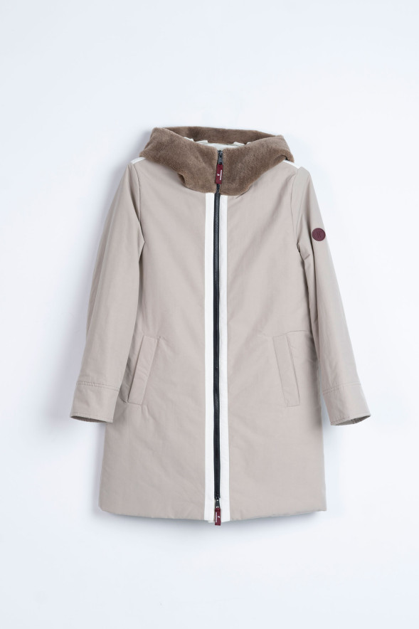 Parka acolchada beige con capucha efecto pelo