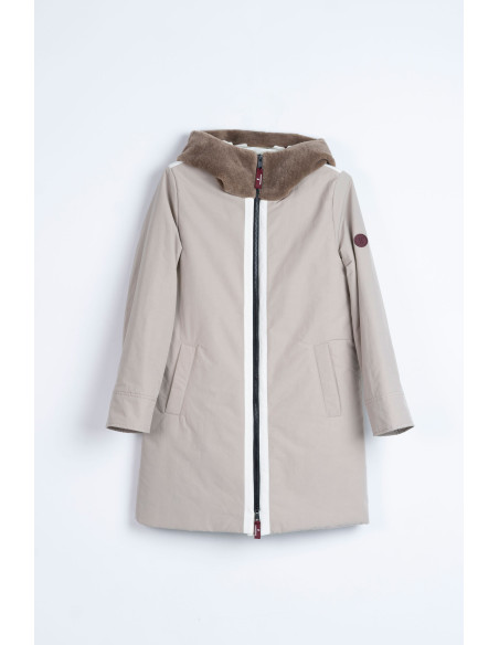 Parka acolchada beige con capucha efecto pelo